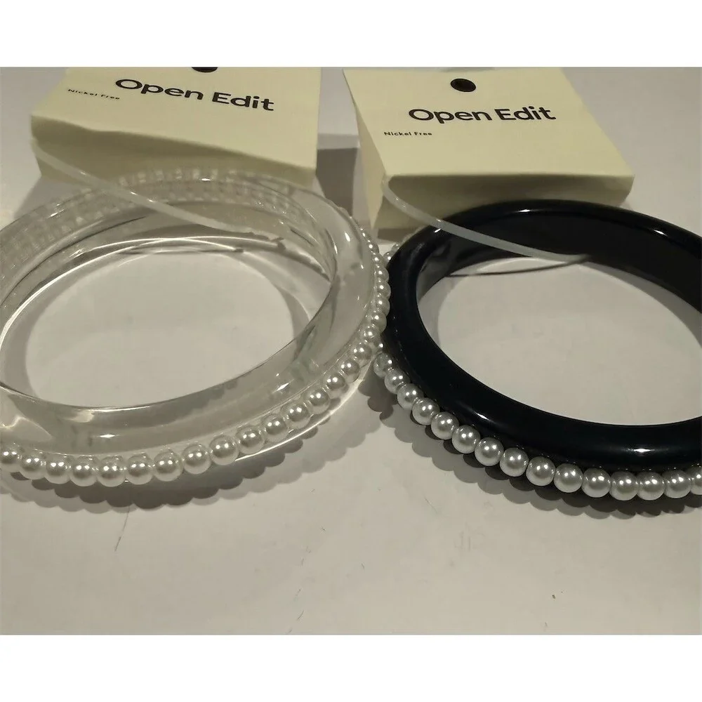 Open Edit $40 Nordstrom Bangle Bracelet Set of 2 Clear Black Pearl Trim gift